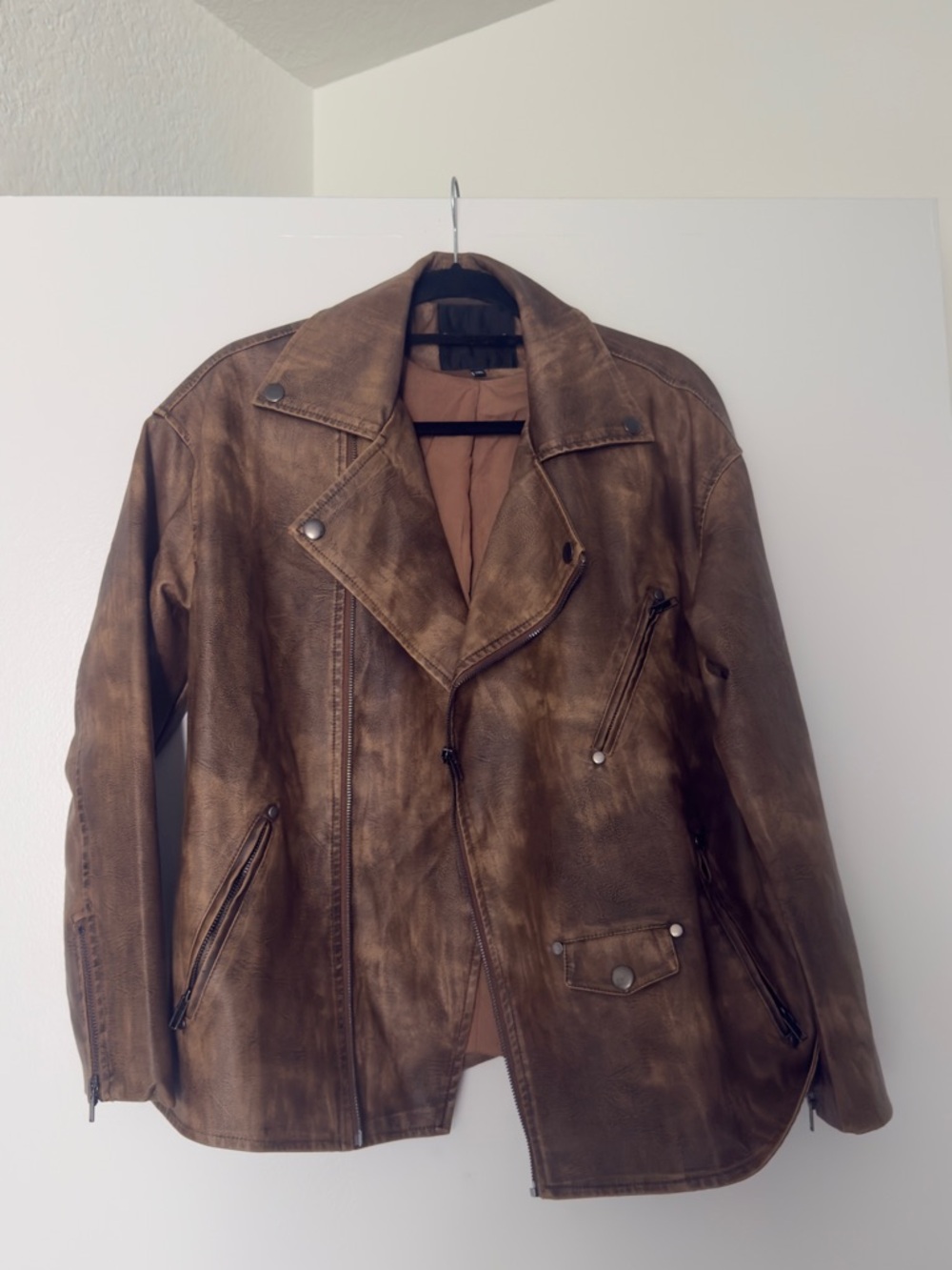 Distressed Brown Faux Leather Biker Jacket
